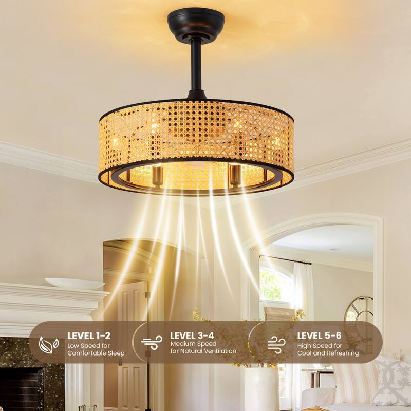 19" Rattan Caged Ceiling Fan With Lights And Remote, 6-Light Boho Woven Round Chandelier Ceiling Fan With Light - 19''-6 Lights