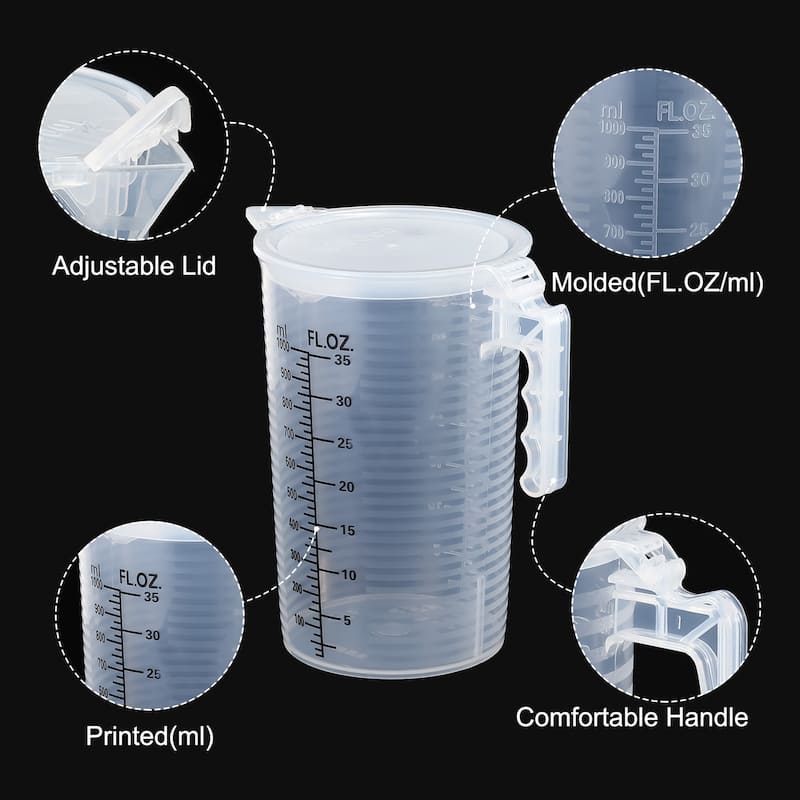 Graduated Beaker, 2 Pack 1000ml PP Plastic Cup Double Sided Black Graduations - Transparent