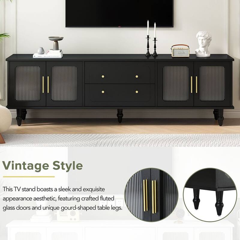 Retro Design TV Stand with Fluted Glass Doors and Adjustable Shelves for TVs Up to 78''