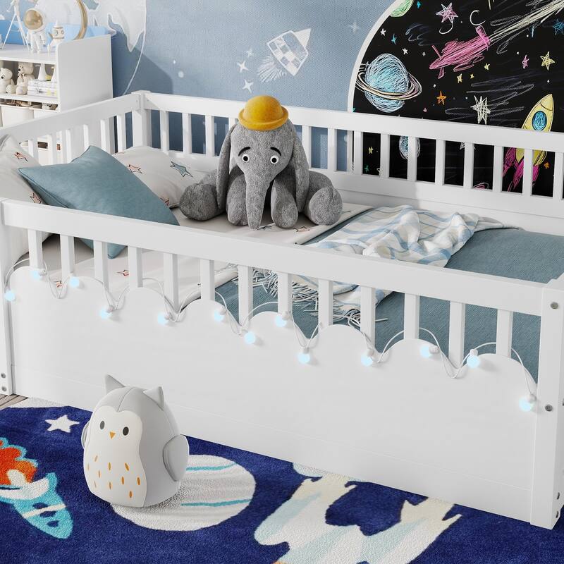 Montessori Floor Bed Frame with High Rails, Wood Toddler Floor Bedframe with Light and Headboard Storage Shelf for Kids Room