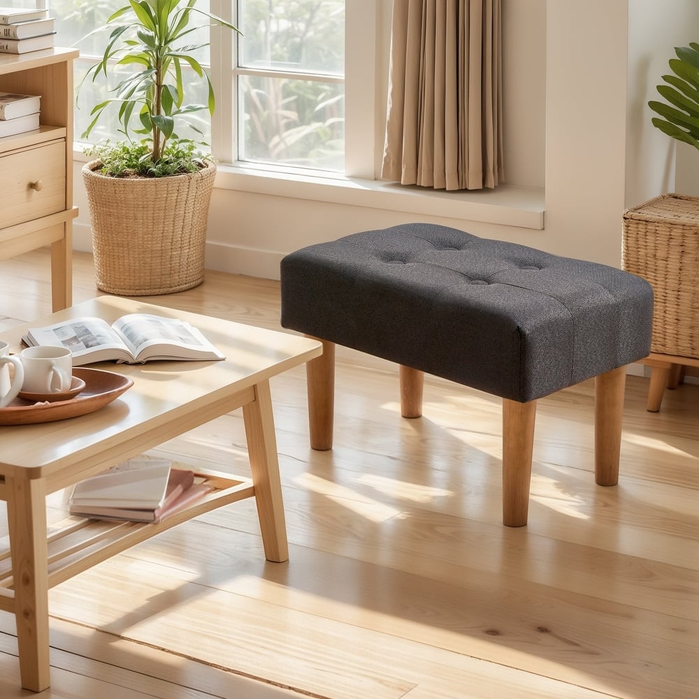 Javlergo Set of 1 or 2 Linen Ottoman Foot Rest with Wooden Legs Tufted Rectangle Upholstered Footstool for Couch Living Room