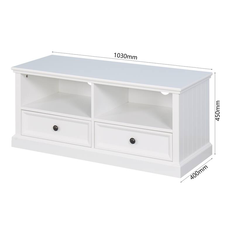 White Wooden TV Stand with Drawers and Open Storage Compartments Bed