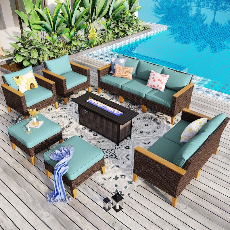 8-Piece Patio Outdoor Wicker Sectional Sofa Set, Large Seating Furniture Conversation Sets with Fire Pit Table