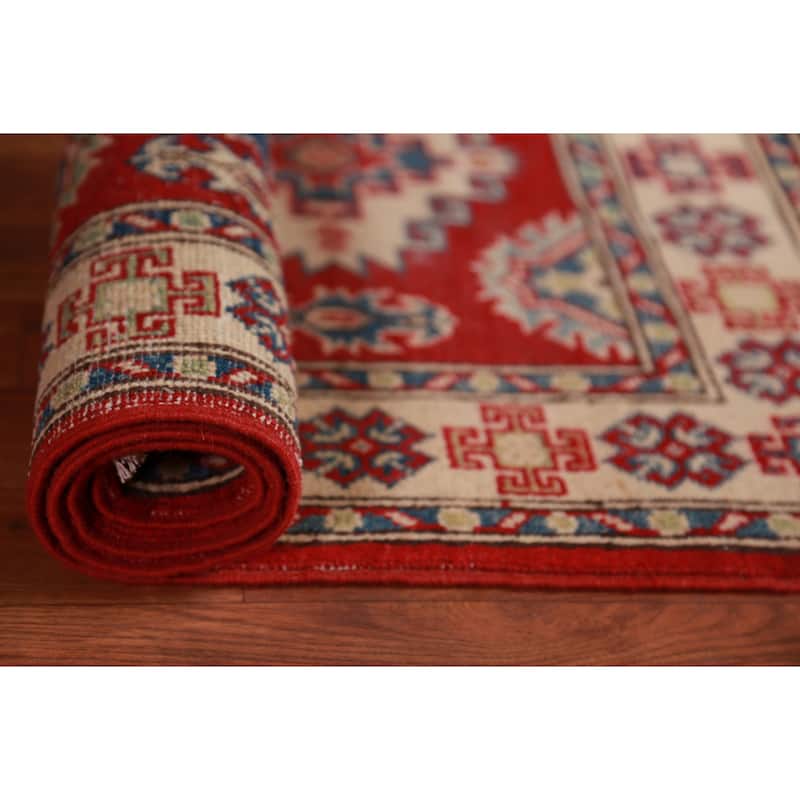 Red Kazak Foyer Rug Hand-Knotted Traditional Bedroom Wool Carpet - 2'8"x 4'0"