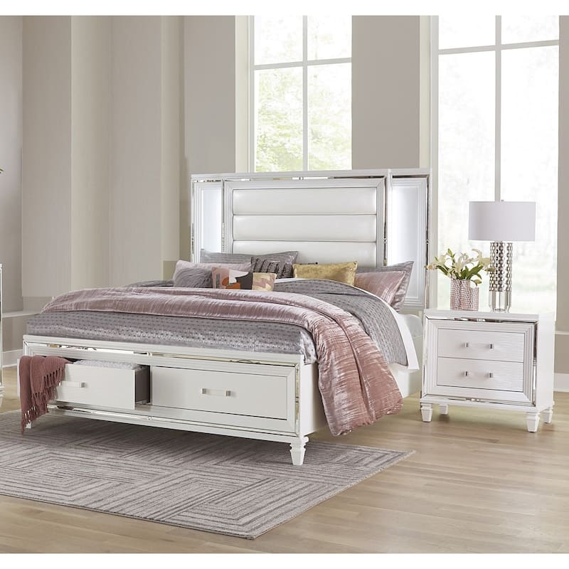 Glam White Bedroom 3pc Set LED Storage Bed and 2x Nightstands