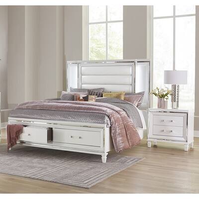 Glam White Bedroom 3pc Set LED Storage Bed and 2x Nightstands