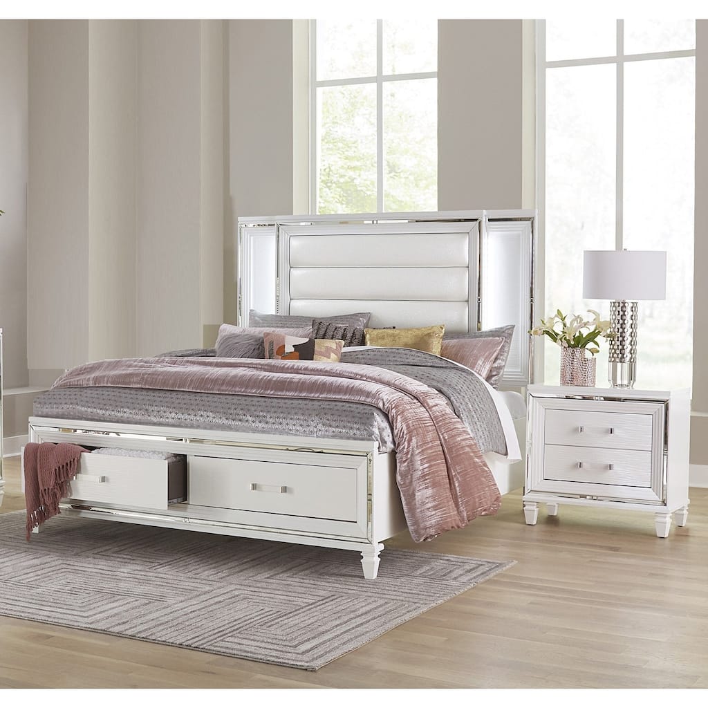 Glam White Bedroom 3pc Set LED Storage Bed and 2x Nightstands