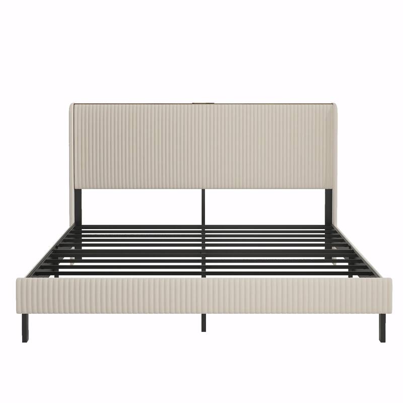 Platform Bed, Metal Bed Frame with Charging Station, No Box Spring Needed