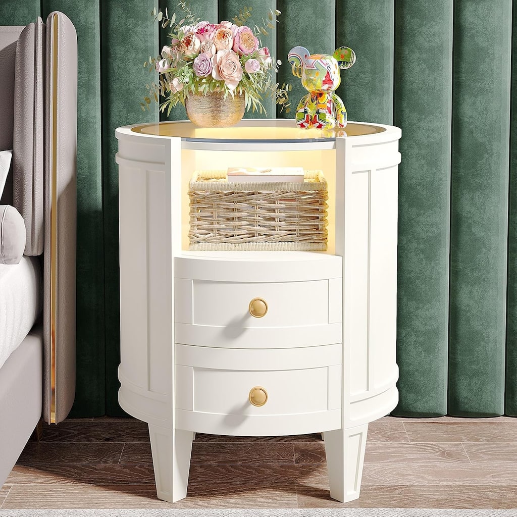 Oval/Round LED Nightstand, 2-Drawer Modern Night Stand, Side Table for Bedroom
