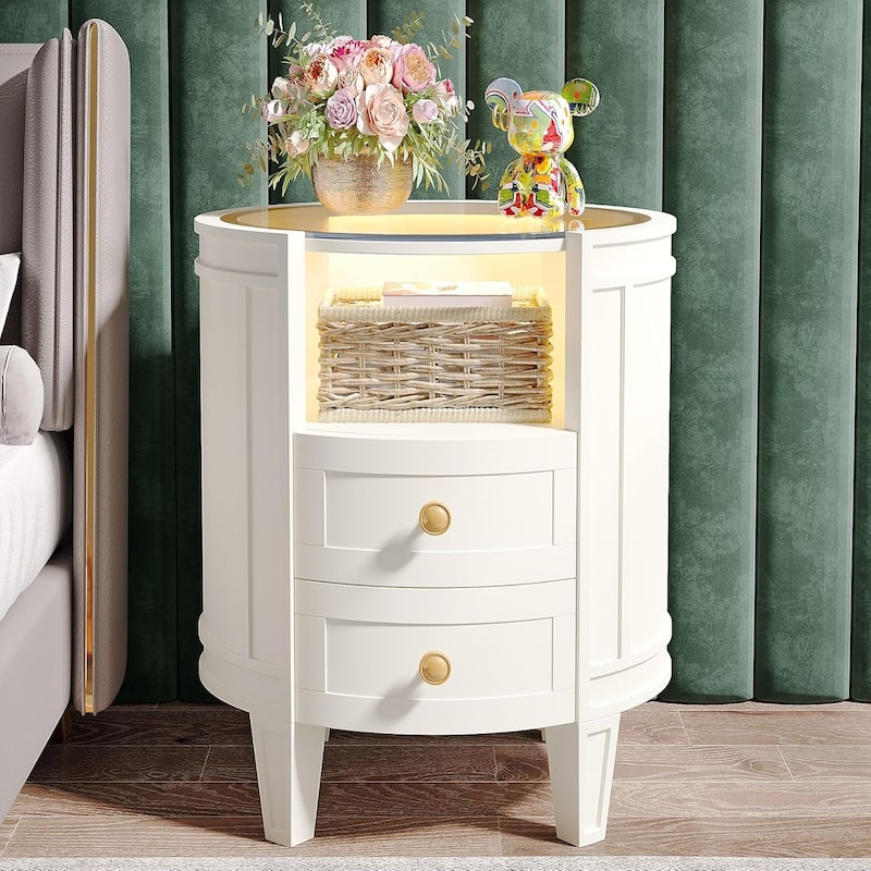 Oval White Nightstand Bedside Table with 2 Drawers and Light