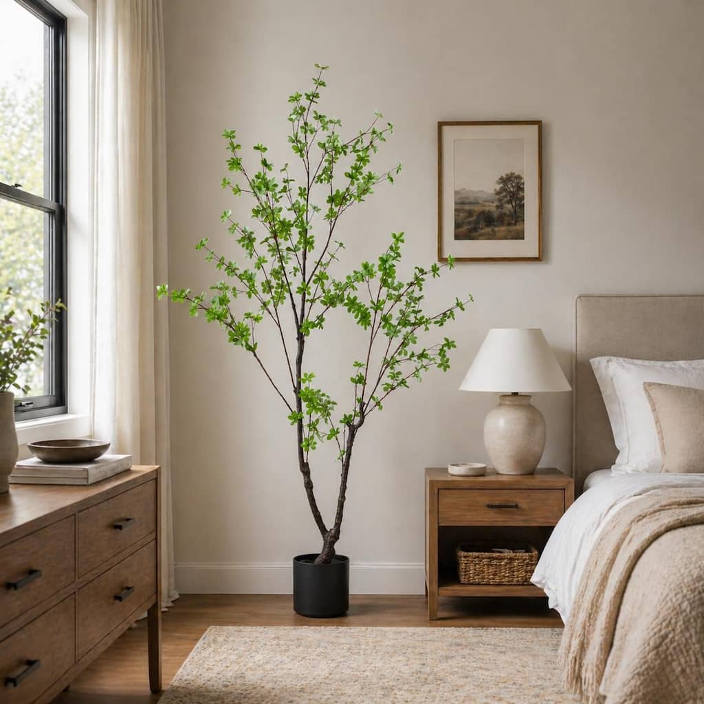 Evergreen 6ft Faux Japanese Enkianthus Tree Indoor Lifelike Artificial Plant with Branches, Leaves & Black Nursery Pot