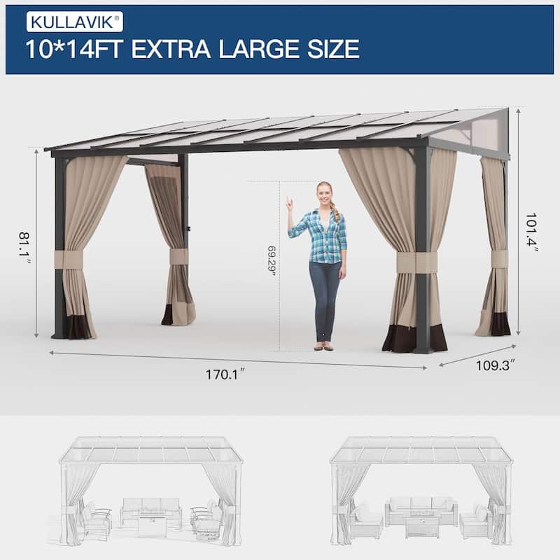 Wall Mounted Gazebo, Hardtop Permanent Outdoor Shade Canopy with Curtains for Deck, Backyard, Patio