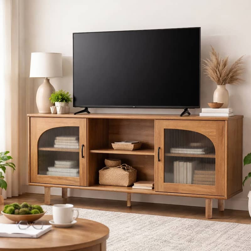 64 Inch James TV Stand Console, 2 Arch Glass Door Cabinets & Shelves, Walnut Brown Mango Wood - Walnut Brown