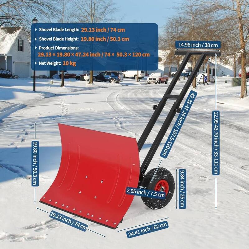 29.13x19.8 in Heavy Duty Rolling Snow Pusher Shovel for Driveway, Doorway, Sidewalk