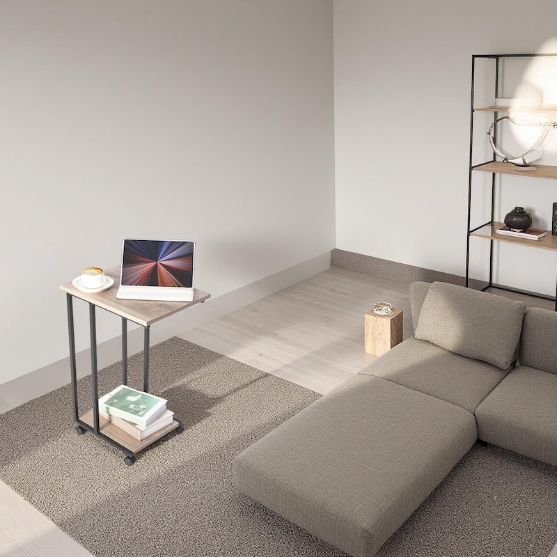 JJS Side End C Table for Sofa, Living Room Couch Table Snack Table That Slide Under for Small Spaces