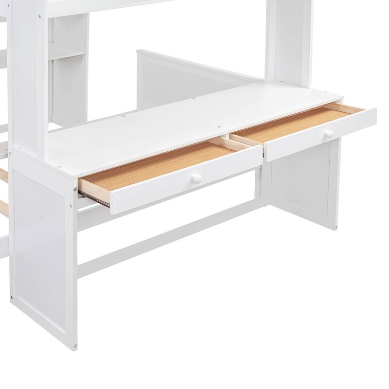 Space-Saving Full Size Loft Bed with Twin Bed, Shelves, Desk, and Wardrobe in White