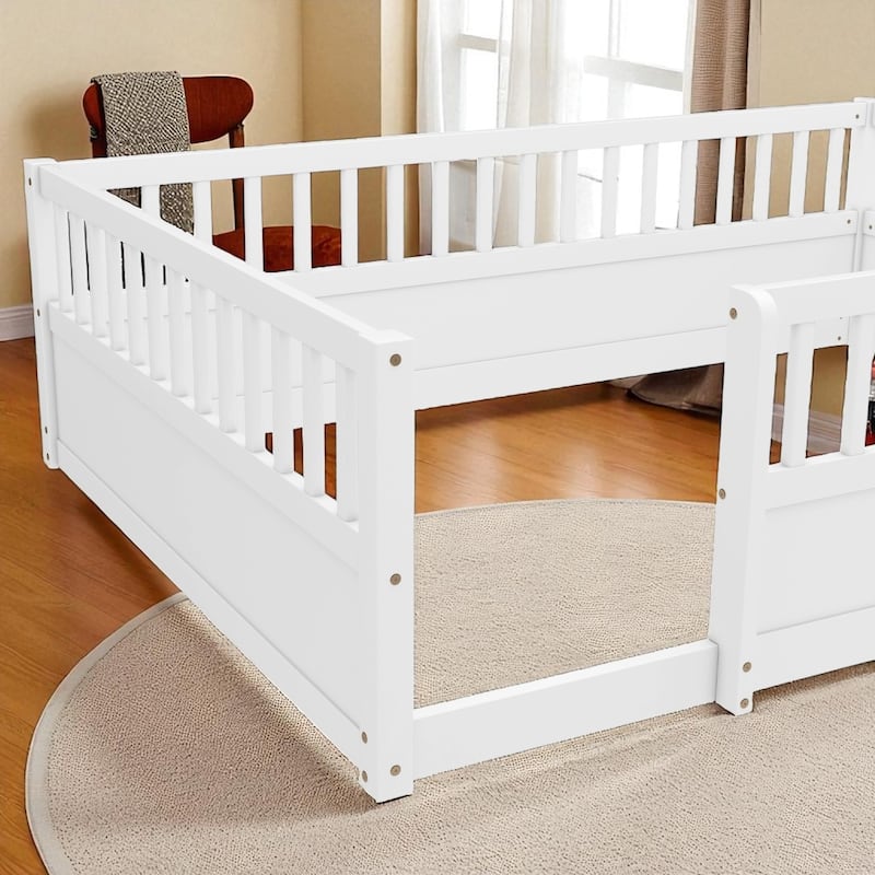 Twin/Full Montessori Floor Bed with High Fence & Open Door, Solid Pine, Playroom/Bedroom, No Box Spring