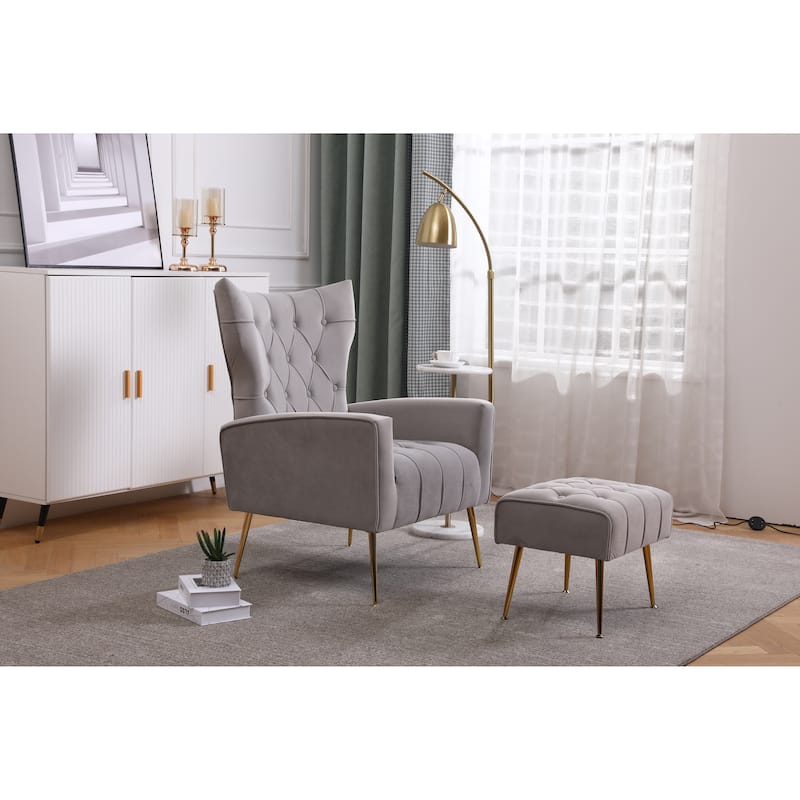 Upholstered Accent Chair with Tufted Cushions and Ottoman In Beige