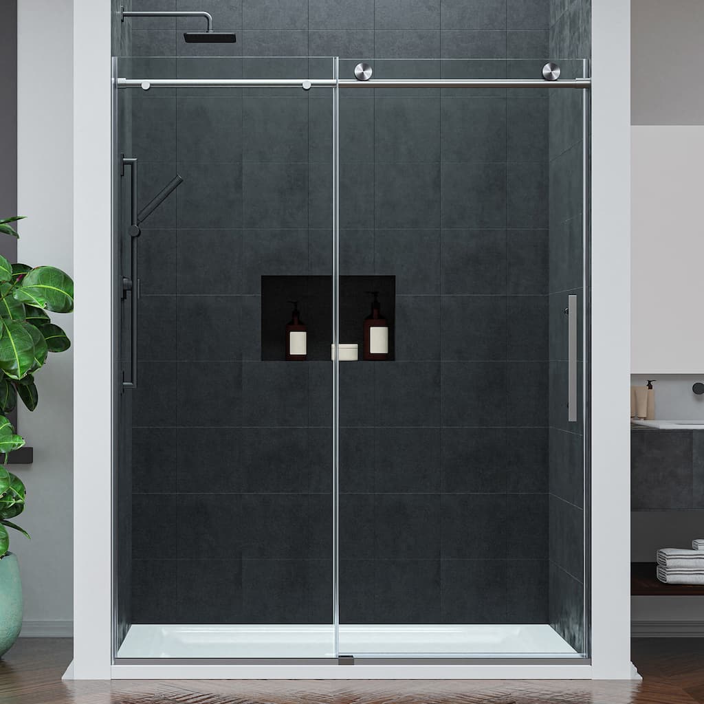Mountain 60-inch Reversible Frameless Sliding Deco-Glass Shower Door with Soft-Close System