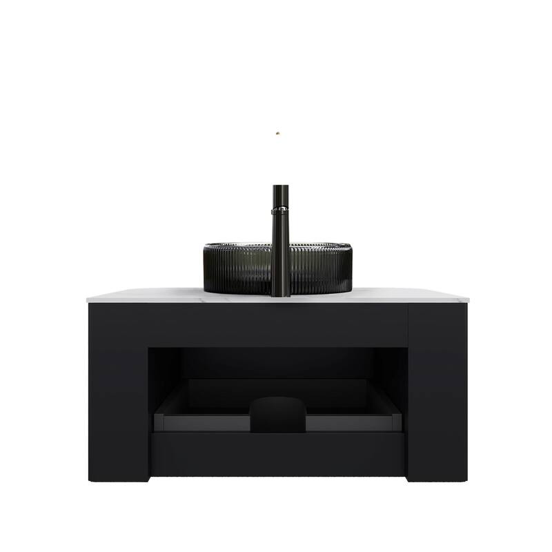 Wall Mounted Bathroom Vanity with Transparent Black Round Glass Basin