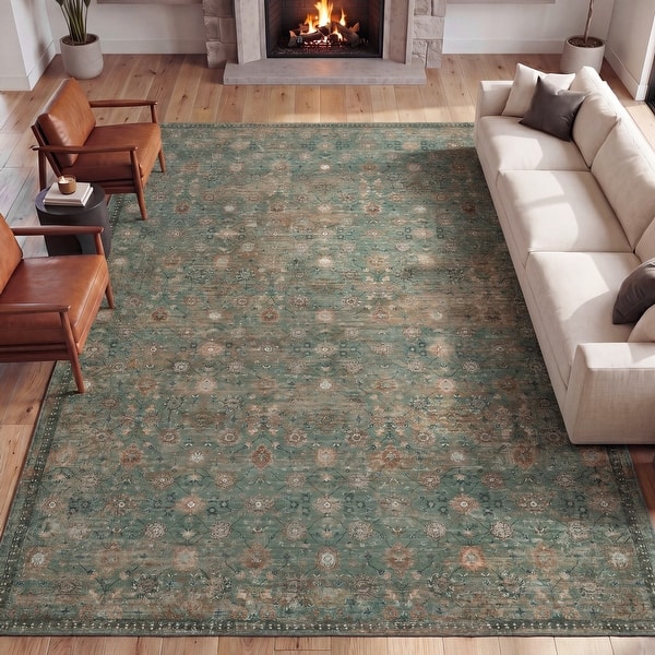 slide 2 of 8, Petunia Distressed All-Over Floral Border Non-Slip Machine-Washable Rug 3' X 5' - Green/Brown