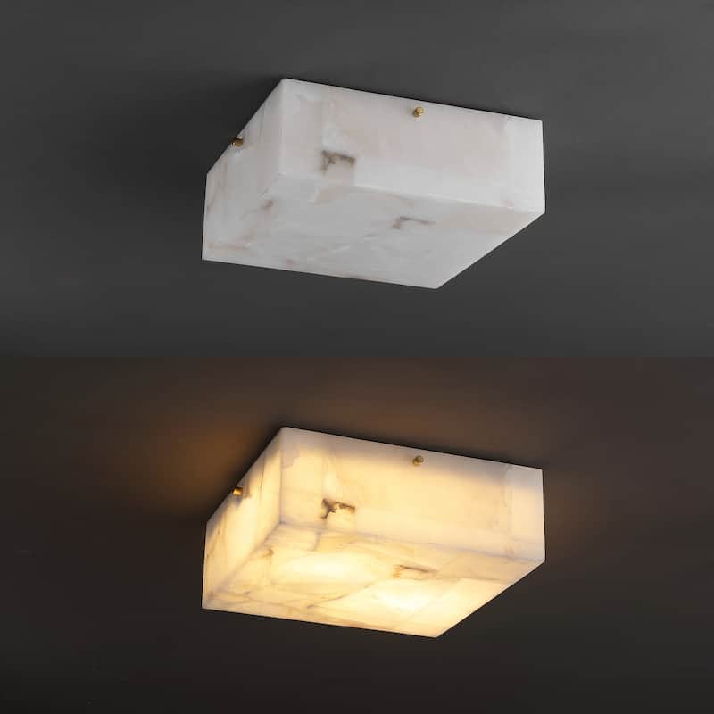 Alessia 13" 2-Light Modern Contemporary Alabaster/Iron Square LED Flush Mount, White Marbling/Brass Gold by JONATHAN Y