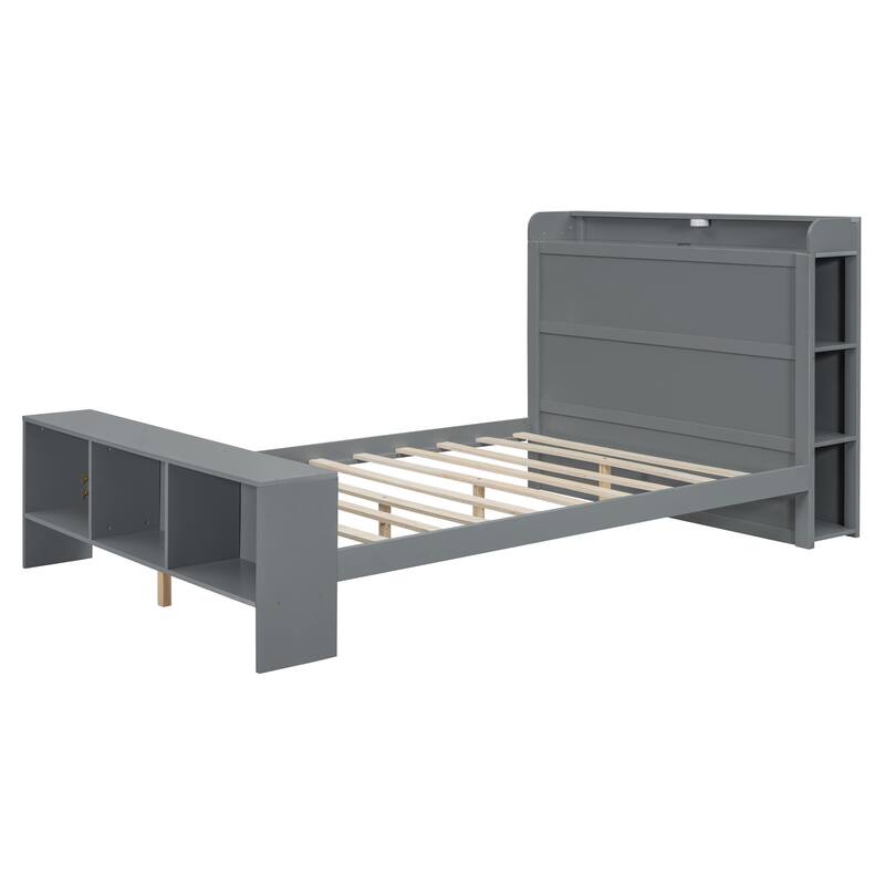 Full Size Platform Bed with built-in shelves, LED Light and USB ports