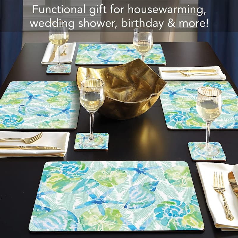 Isla Mona Coastal Premium Decorative Hardboard Cork Back Tabletop Placemats 4 Pack Manufactured in The USA Heat Tolerant