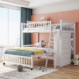 Twin Over Full Bunk Bed with Six Drawers and Shelves, Bottom Bed with Wheels