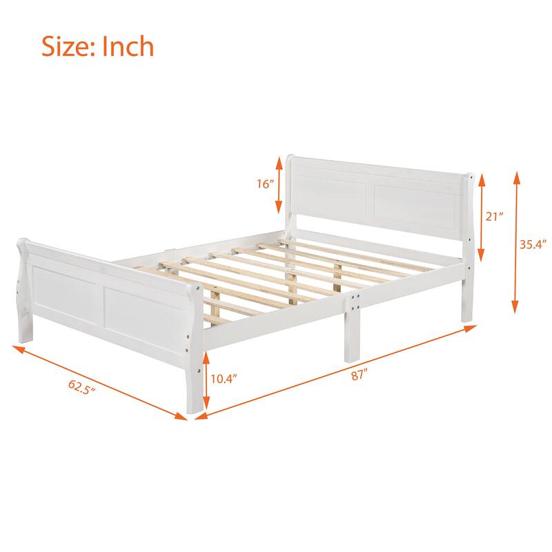 White Queen Size Wood Platform Bed with Headboard and Slat Support