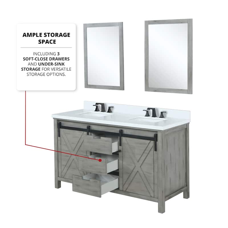 Marsyas 60 in W x 22 in D Ash Grey Double Bath Vanity, White Quartz Countertop, Faucet Set and 24 in Mirrors