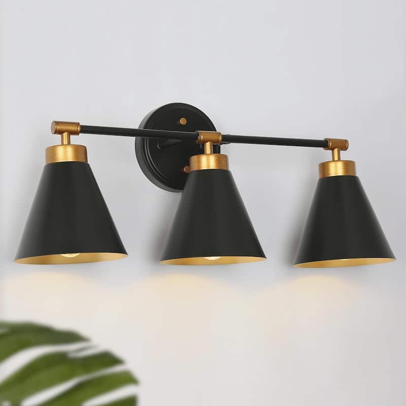Modern Black Industrial 3-light Bathroom Vanity Lights Brass Dimmable Wall Sconces Kitchen Cabinet - Black&Brushed gold