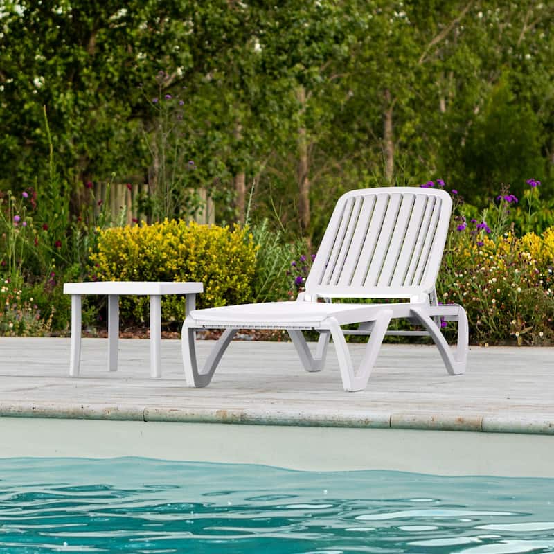 Domi White Aluminum Adjustable Pool Lounge Chair with Table, All-Weather Outdoor Chaise - White-1 chair and 1 table