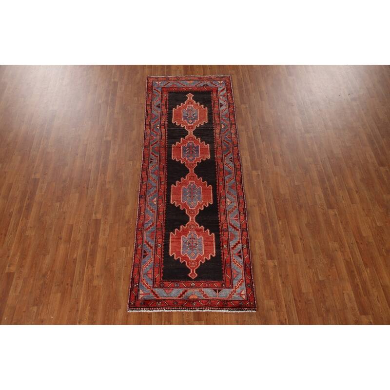 Geometric Hamedan Persian Vintage Runner Rug Hand-Knotted Wool Carpet - 3'5"x 9'9"