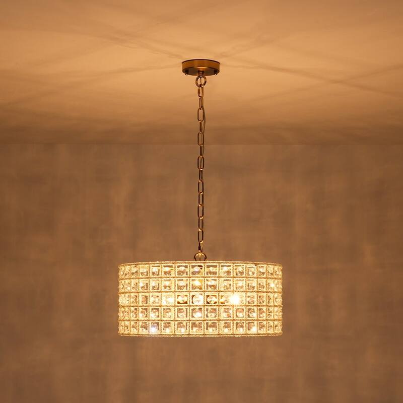 Mid-Century Modern 4-Light Crystal Round Drum Lantern Chandelier