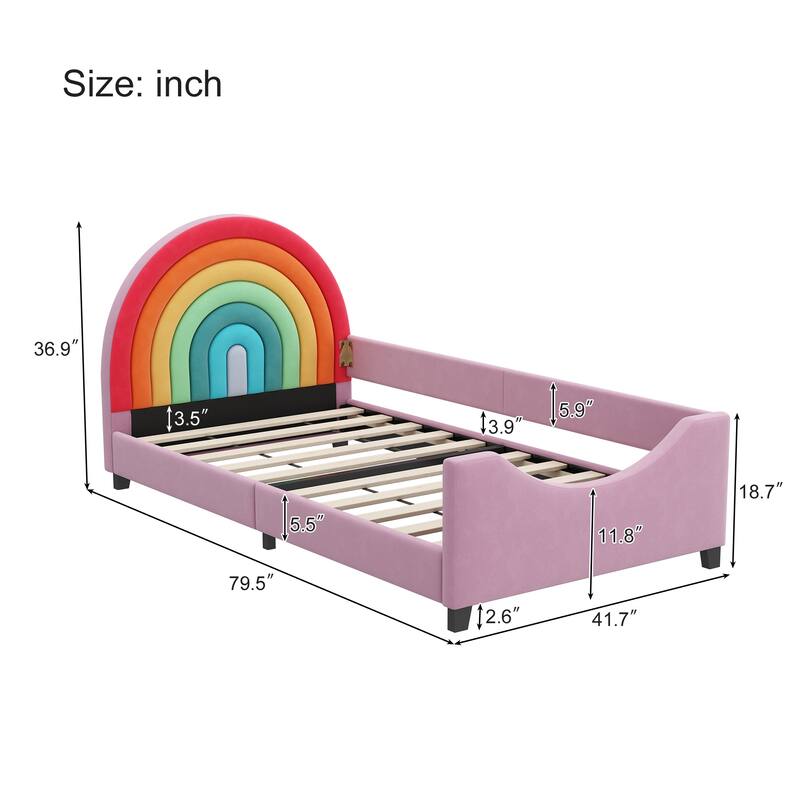 Rainbow Upholstered Twin Daybed Low to The Ground Design Cute Style Princess Bed for Boys & Girls, Teens, Colorful & Pink