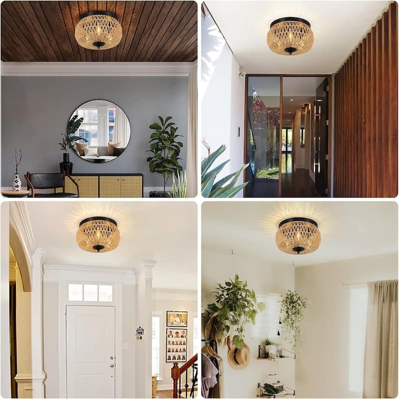 Rattan Flush Mount Ceiling Light Fixture Rustic Industrial Hemp Rope Semi Flush Mount Ceiling Light for Hallway Bedroom