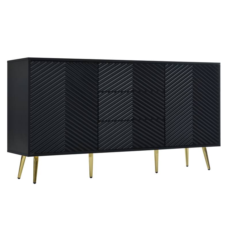 Modern Sideboard Cupboard with Geometric Line Doors, Storage Cabinet with Conical Metal Legs and 3 Drawers for Living Room