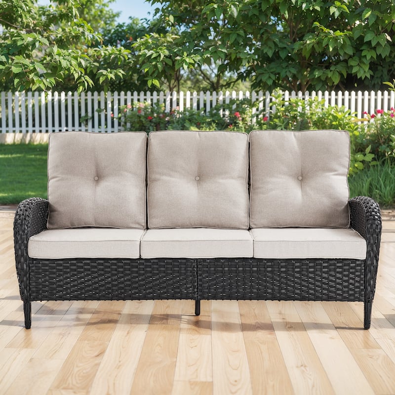 Pocassy Patio Outdoor Sofa Swivel Chairs with Ottman Table Set - Black Wicker Beige Cushion - Only 3-Seat Sofa