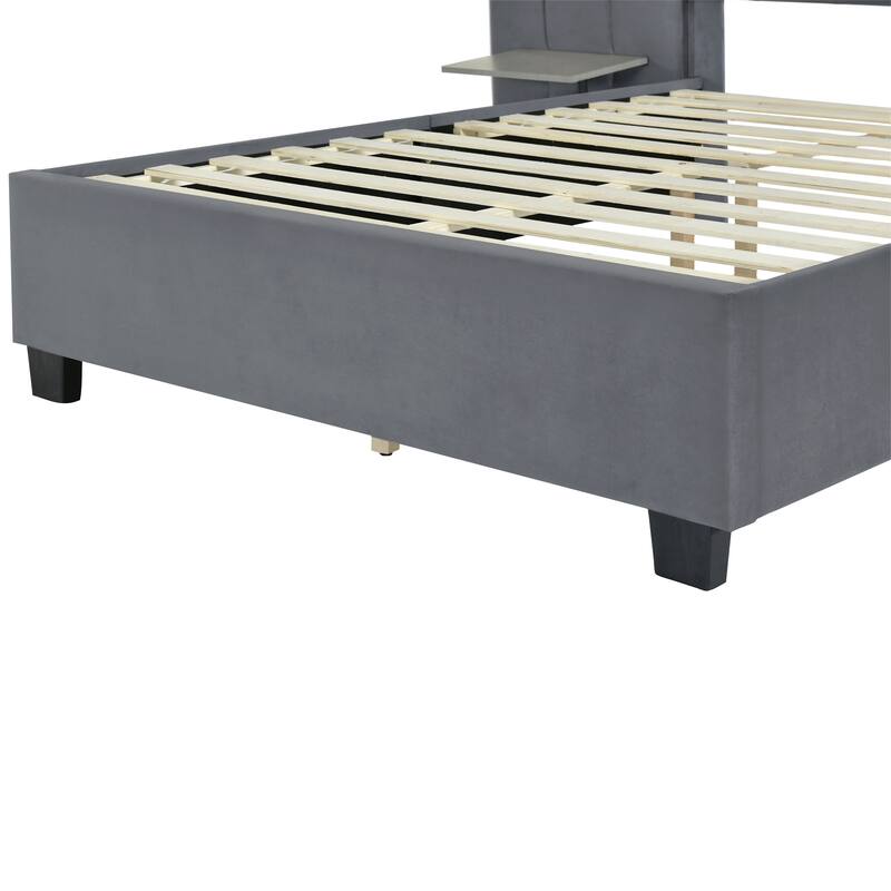 Full/Queen Size Upholstered Bed with Velvet Headboard and Integrated Shelves
