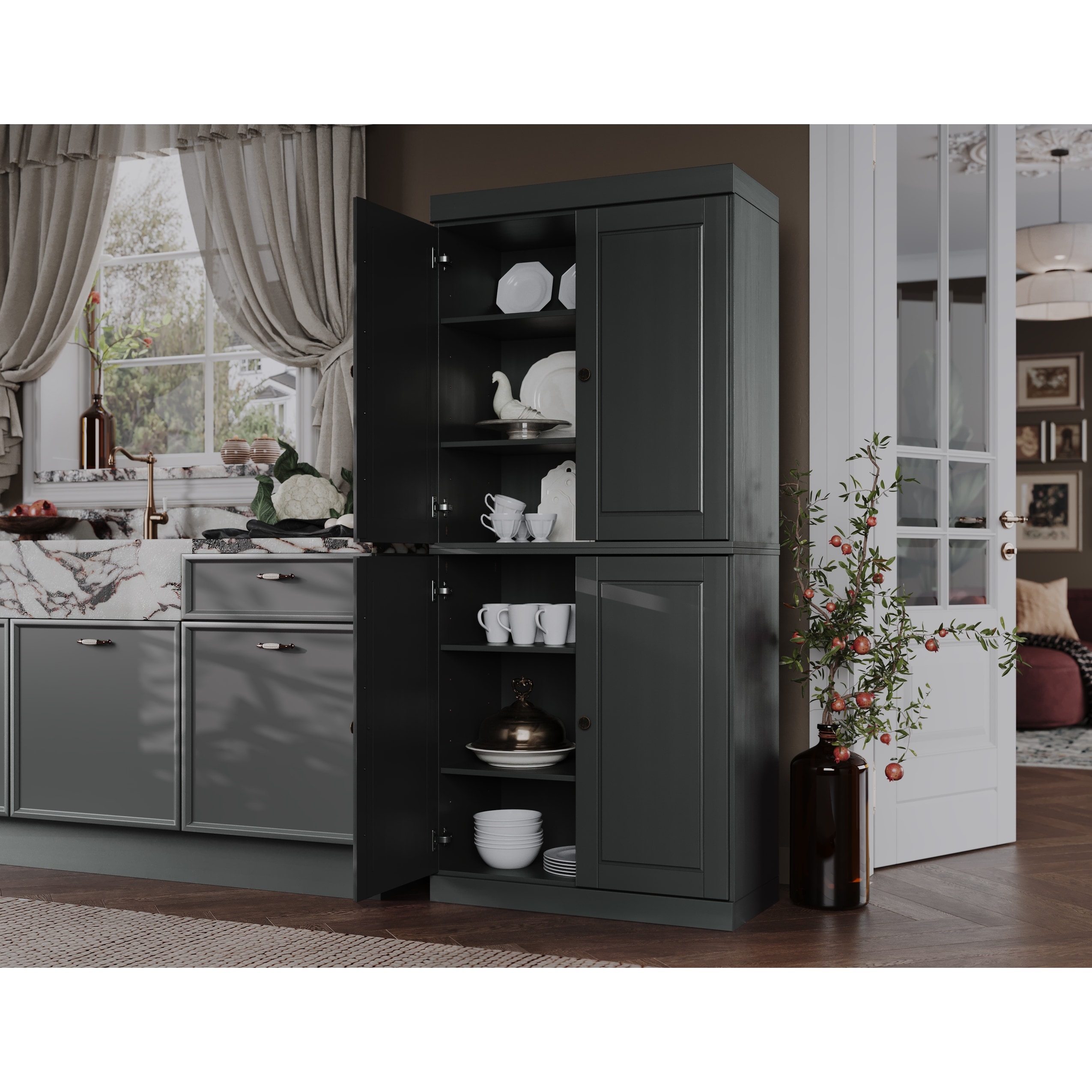 100% Solid Wood Modular Kitchen Pantry Cabinet with Solid Wood, Clear or Frosted Glass Doors by Palace Imports - 32