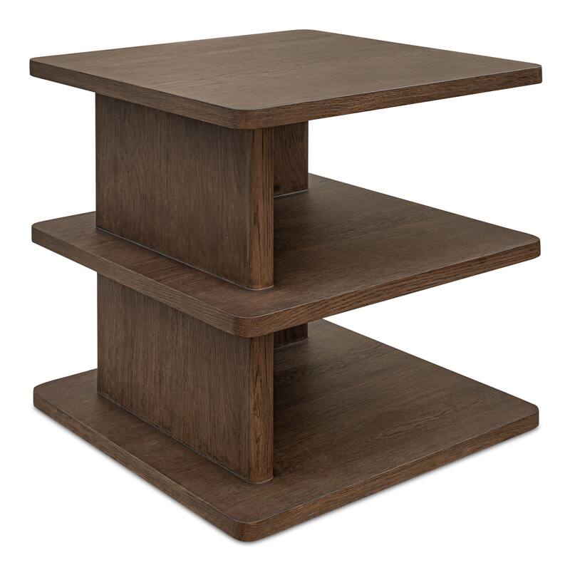 NADAAL STUDIOS Thalor Side Table, Square Dark Oak Top with Rounded Edge Shelves, Solid Oak Detail, Dark Brown