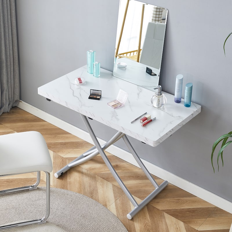 Roomfitters Lift Top Table with 0.8" MDF Surface and Silver Metal Legs, Modern Desk for Dining or Work Use, White+Silver