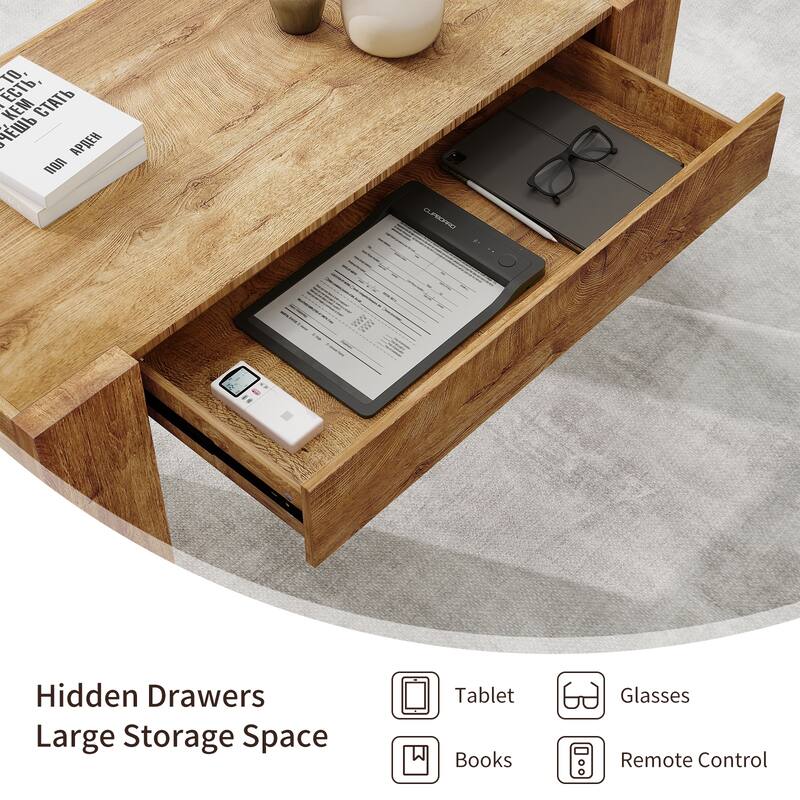 48" Farmhouse Coffee Table, Rectangle Wooden Center Table with Hidden Storage Drawer, Thick Coffee Tables for Living Room