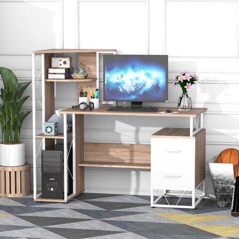 HOMCOM 52" Modern Multi-Level Computer Desk Home Office Study Workstation with Storage Shelves, Drawers and CPU Stand