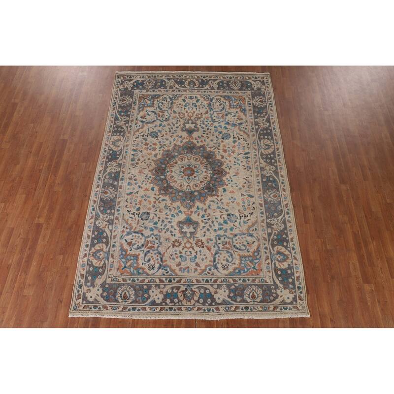 Ivory Floral Tabriz Persian Vintage Rug Handmade Wool Carpet - 6'4"x 9'6"