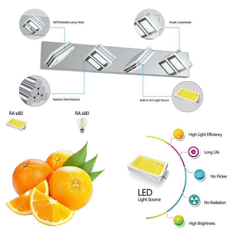 26" Modern Chrome 4-Light LED Vanity Light, Square Acrylic Lampshades Wall Mount Fixture for Bathroom, Mirror Lighting
