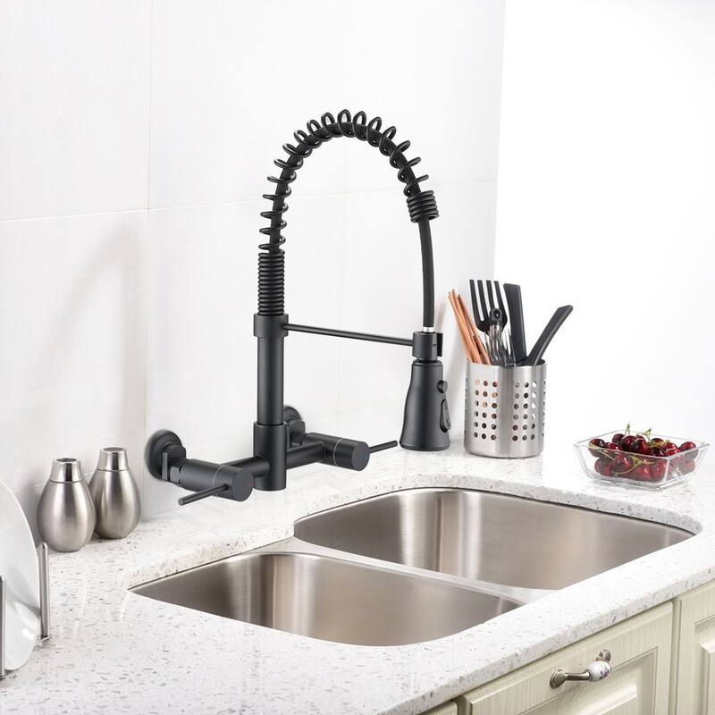 PROOX Double Handle Kitchen Faucet with Pull Out Sprayer Wall Mounted