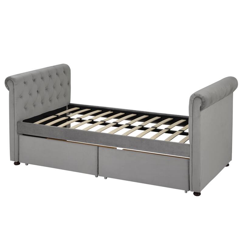 Twin Size Upholstered Daybed with Drawers, Wood Slat Support, No Box Spring Needed