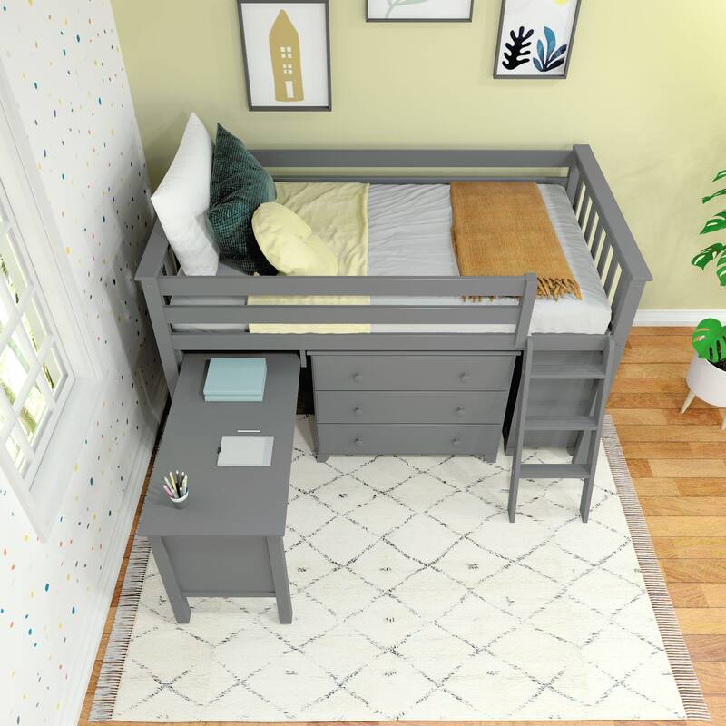 Max and Lily Twin-Size Low Loft with Pull-Out Desk and 3-Drawer Dressers